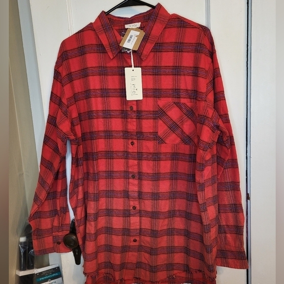 NWT Lamiel by Hyped Unicorn Med Distressed Flannel red plaid "Run Away With Me" - Picture 6 of 12